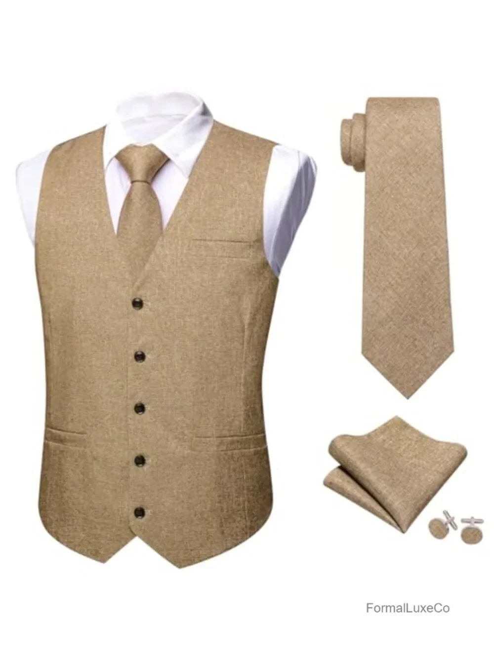 Men's Linen V-Neck Suit Vest & Tie Set with Handkerchief, Cufflinks, Tie Clip